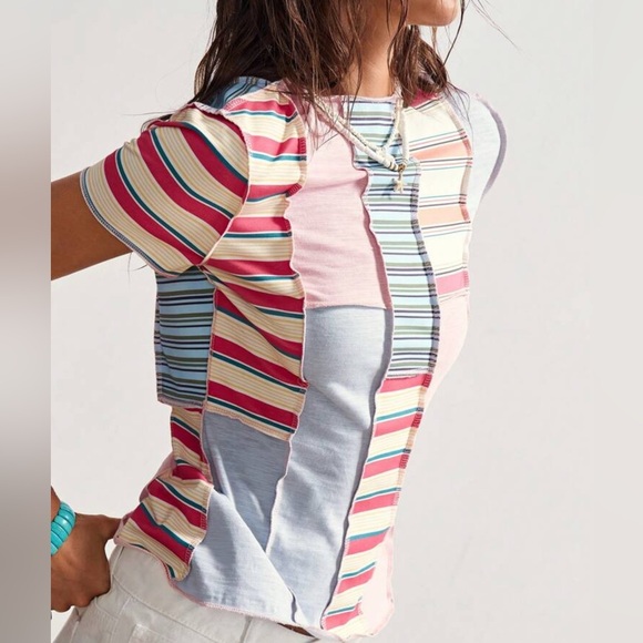 Boho Patchwork Multi Striped Drop Shoulder Fitted Stretch Jean Plus 2X New Top - Picture 5 of 13